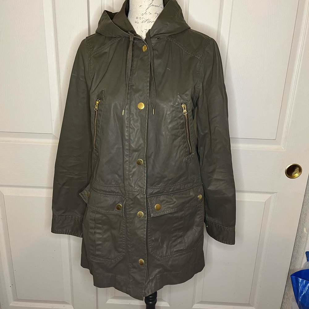 J Crew Sterling Jacket Womens Small Military Green Olive Field Hooded Oiled
